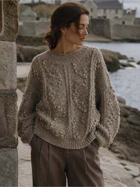 Vintage Hand Knit Chunky Sweater Oatmeal Bobble Cable Fisherman Cottagecore